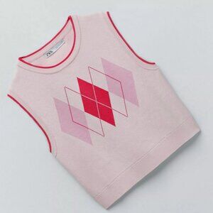 Zara Pink Argyle Sweater Vest